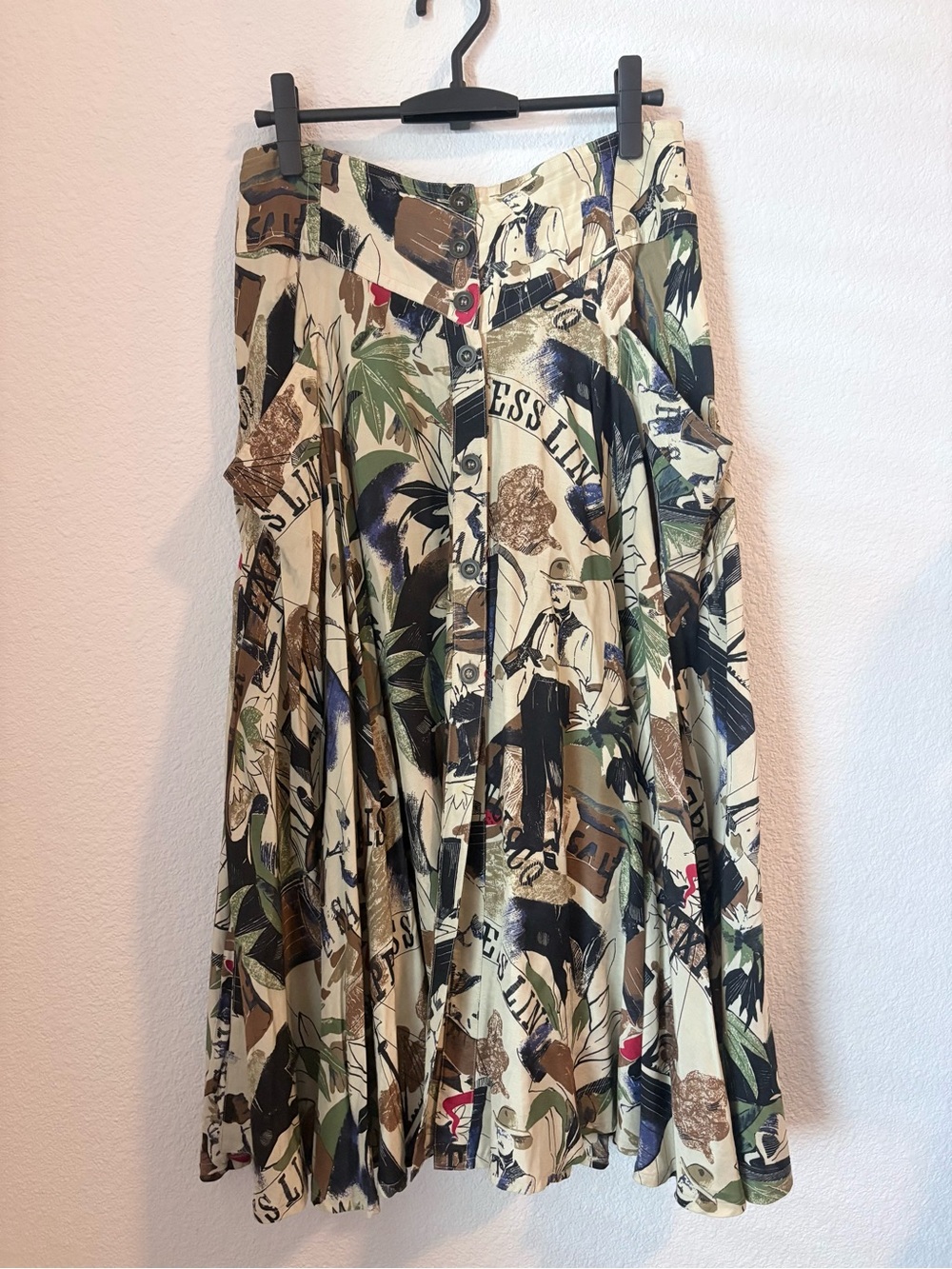 Vintage Crisca Germany Abstract Novelty Print Button Front Midi Skirt Artsy Boho